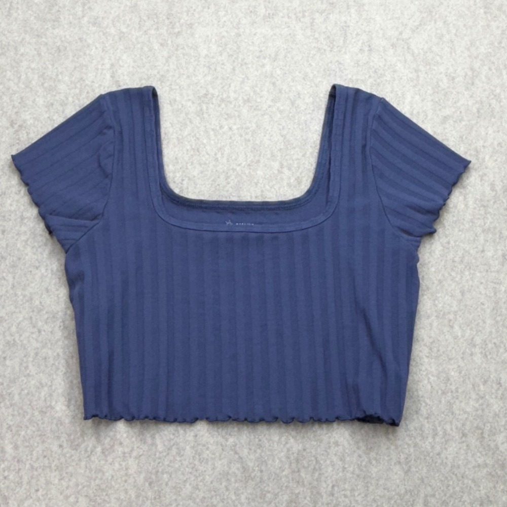 OFFLINE by Aerie Top Women XL Blue Ribbed Crop Athleisure Coquette Lettuce Trim